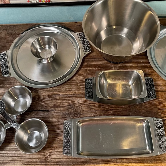 Stunning 1970s Stanley Roberts Velvet Stainless Steel Serving Rare 7 Pcs Vintage